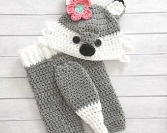 Bonnet et pantalon de renard au crochet avec queue, accessoire photo nouveau-né, renard gris, chambre de bébé des bois ou baby shower