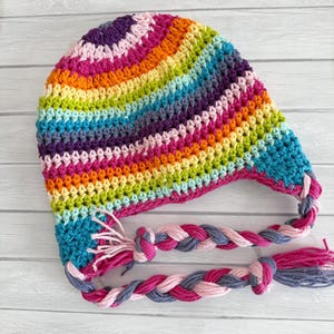 Crochet Rainbow Baby Hat, Soft Cotton Winter Hat with Braided Ties and Flower, Newborn to Toddler, vibrant colors image 5