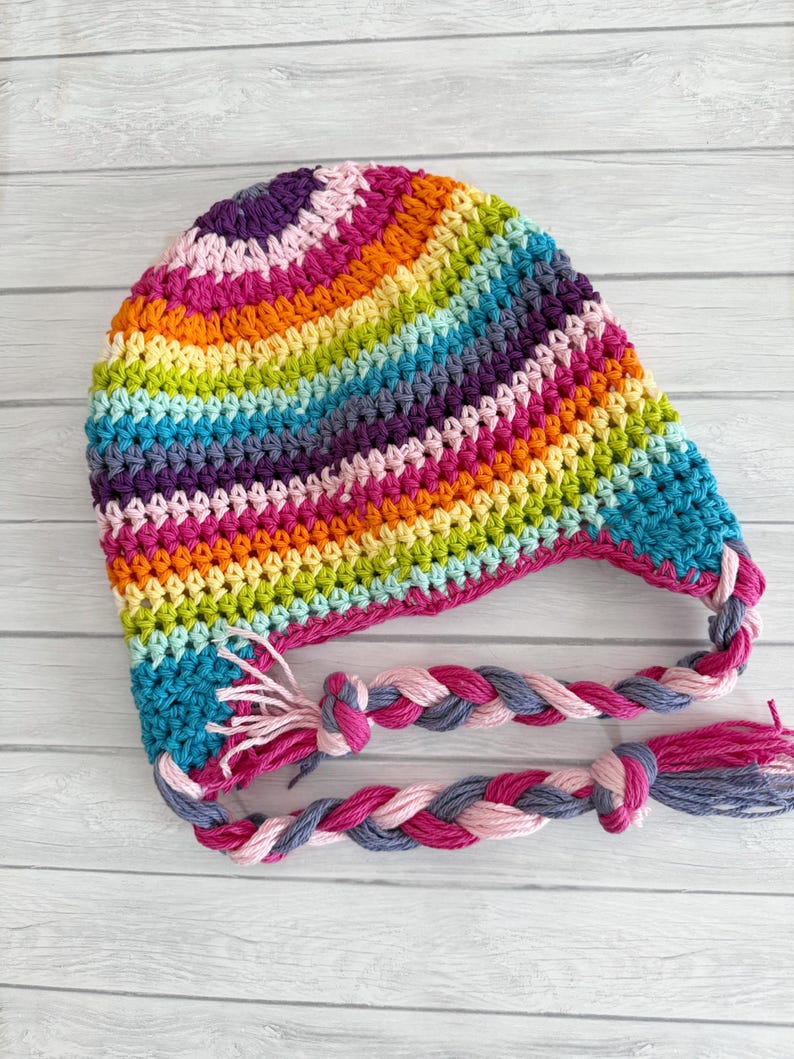 Crochet Rainbow Baby Hat, Soft Cotton Winter Hat with Braided Ties and Flower, Newborn to Toddler, vibrant colors image 5