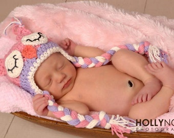 Pink and Purple Owl Hat Crochet Sleepy Owl hat Newborn to Toddler Photography Prop