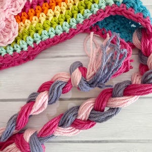 Crochet Rainbow Baby Hat, Soft Cotton Winter Hat with Braided Ties and Flower, Newborn to Toddler, vibrant colors image 3