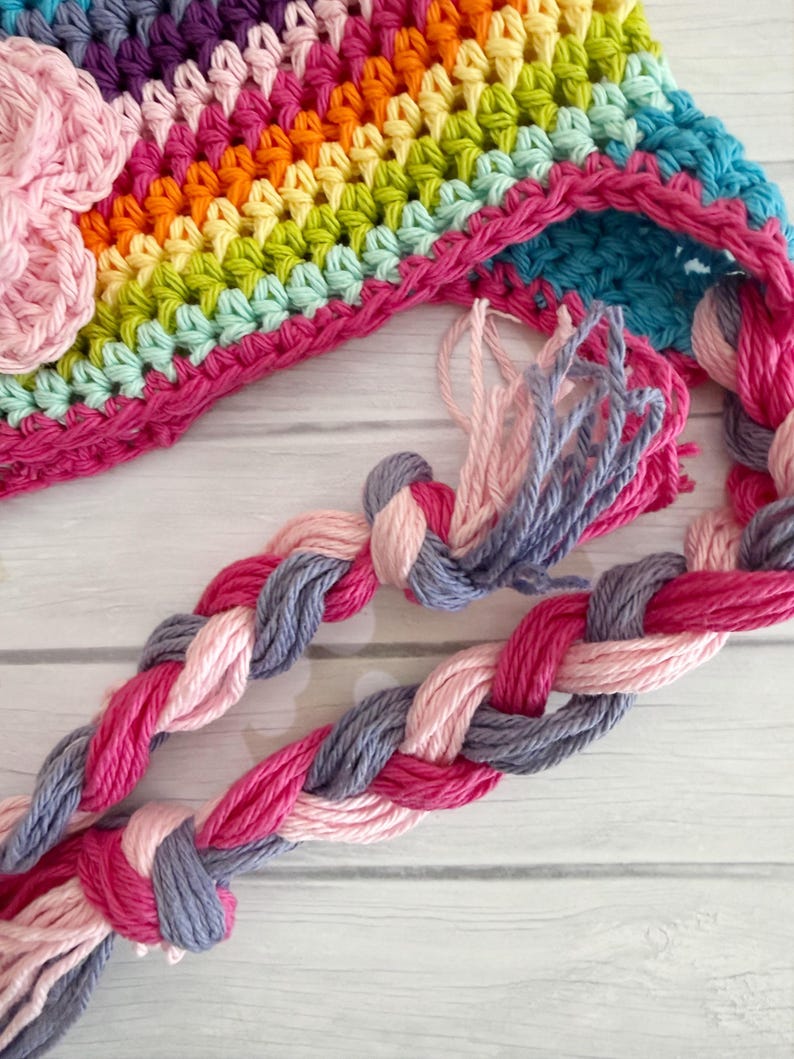 Crochet Rainbow Baby Hat, Soft Cotton Winter Hat with Braided Ties and Flower, Newborn to Toddler, vibrant colors image 3