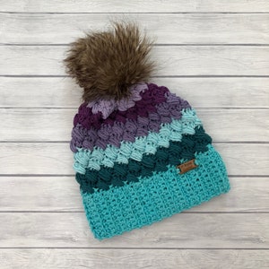 Toddler hat with pom pom, baby girl winter hat, kids crochet hat, rainbow hat, photo prop, toodler beanie hat, fur pom pom, warm winter hat