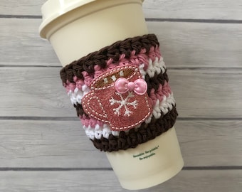 Cup cozy for coffee or tea, crochet reusable cup sleeve, hot chocolate mug cover. pink glitter vinyl hot chocolate