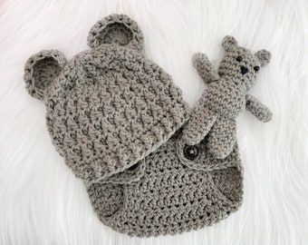 Baby bear hat with stuffie, crochet animal hat