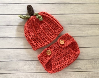 Baby pumpkin hat, newborn photo prop, Halloween costume, hats for fall, newborn pumpkin hat, orange hat and diaper cover