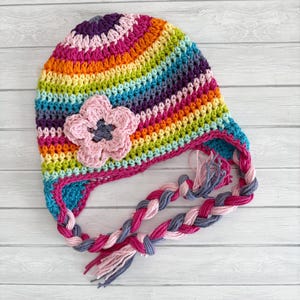 Crochet Rainbow Baby Hat, Soft Cotton Winter Hat with Braided Ties and Flower, Newborn to Toddler, vibrant colors image 1