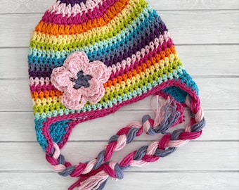 Gorro de bebé de arcoíris de crochet, gorro de invierno de algodón suave con lazos trenzados y flor, para recién nacidos y niños pequeños, colores vibrantes