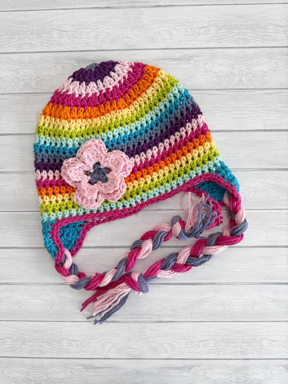 Crochet Rainbow Baby Hat, Soft Cotton Winter Hat with Braided Ties and Flower, Newborn to Toddler, vibrant colors