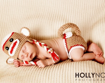 Sock monkey hat and diaper cover set newborn photography prop the sock monkey costume newborn halloween costume