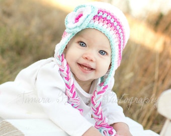 Baby winter hat, crochet earflap hat, girls winter hat, toddler winter hat, photography prop, pink winter hat, white winter hat, photo prop