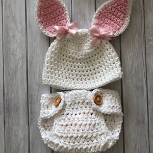 Newborn bunny hat, pink and white rabbit, Easter basket gift or photo prop image 3