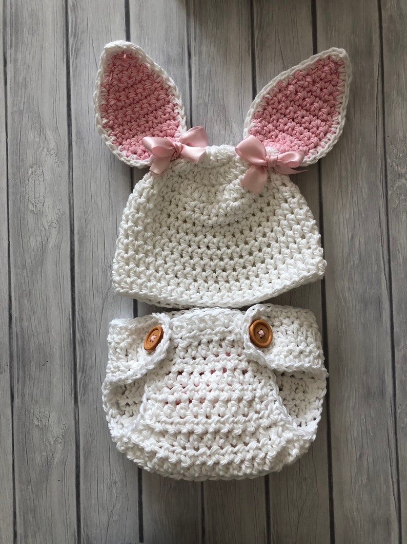 Newborn bunny hat, pink and white rabbit, Easter basket gift or photo prop image 3