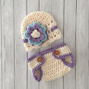 Newborn girl hat, diaper cover, crochet hat and diaper cover, newborn photo prop, baby girl hat, purple and turquoise hat, infant baby hat image 1