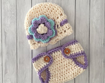 Newborn girl hat, diaper cover, crochet hat and diaper cover, newborn photo prop, baby girl hat, purple and turquoise hat, infant baby hat