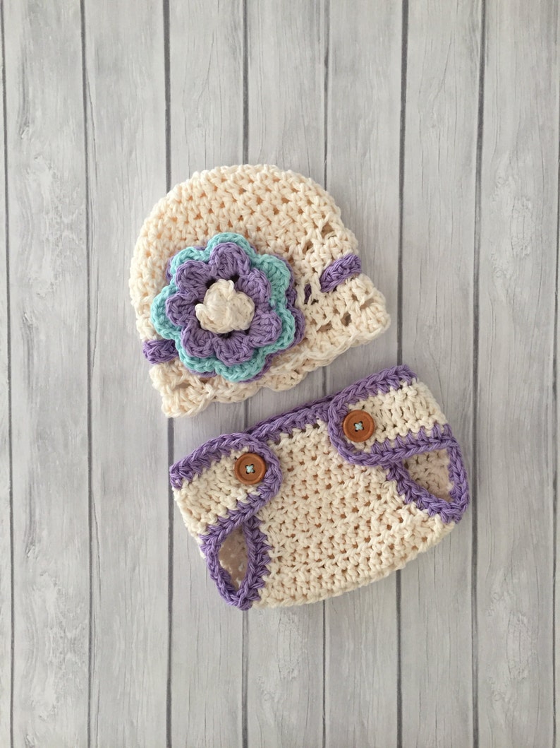 Newborn girl hat, diaper cover, crochet hat and diaper cover, newborn photo prop, baby girl hat, purple and turquoise hat, infant baby hat image 1