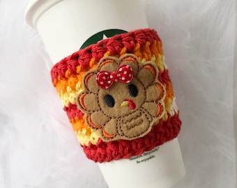 Thanksgiving turkey crochet coffee cup cozy, reusable cup sleeve