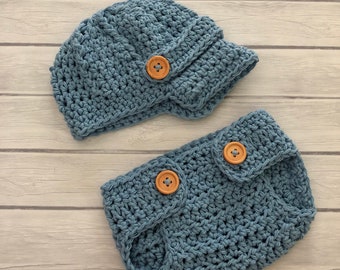 Newsboy hat, hat and diaper cover, blue baby hat, crochet diaper cover, newsboy, crochet newsboy hat, diaper cover set, baby boy hat, blue