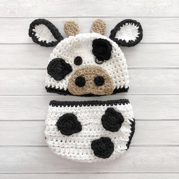 Cow hat and diaper cover, newborn photo prop, crochet baby hat, farm nursery or baby shower gift