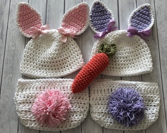 Bunny hat and diaper cover, Easter photo prop, crochet carrot, newborn white rabbit hat with pink and purple