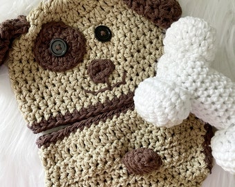 Crochet puppy hat and diaper cover photo prop for newborn and toddlers, dog bone toy