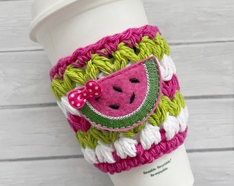 Pink watermelon crochet coffee cup cozy, hot or cold cup, reusable cup sleeve