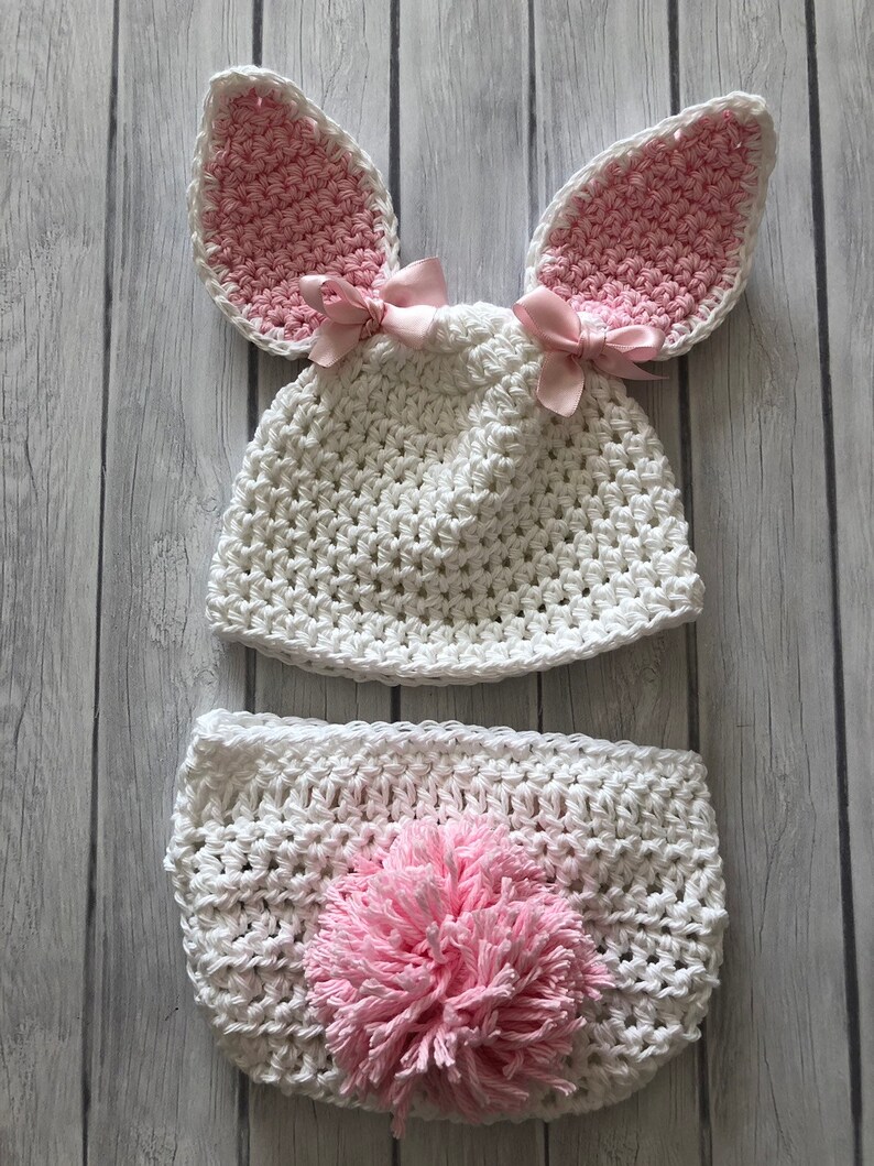 Newborn bunny hat, pink and white rabbit, Easter basket gift or photo prop image 4