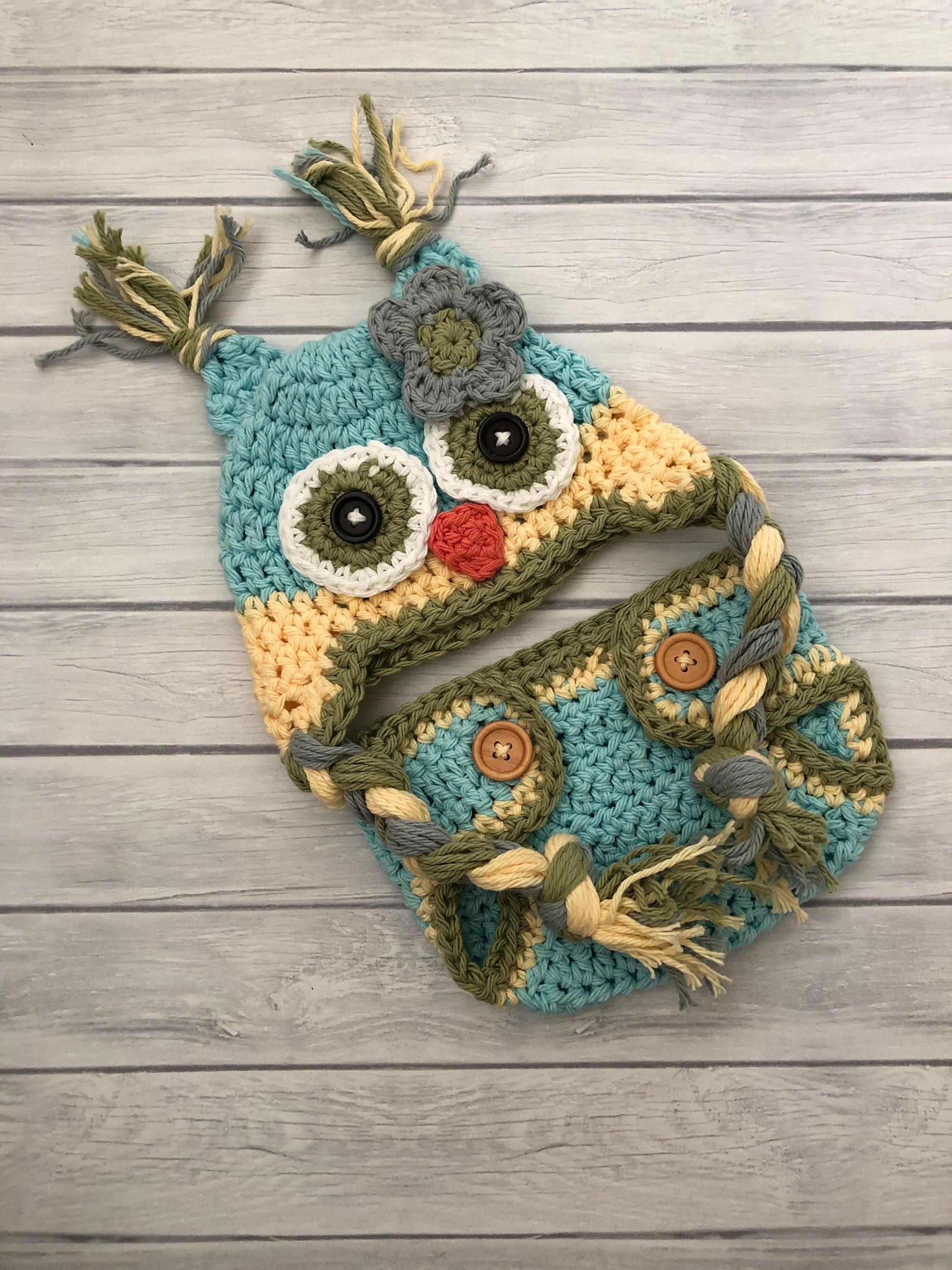 Baby owl hat and diaper cover, gender neutral hat, newborn photo prop, crochet owl hat, photo props 