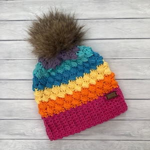 Toddler hat with pom pom, baby girl winter hat, kids crochet hat, rainbow hat, photo prop, toodler beanie hat, fur pom pom, warm winter hat