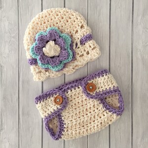 Newborn girl hat, diaper cover, crochet hat and diaper cover, newborn photo prop, baby girl hat, purple and turquoise hat, infant baby hat image 4