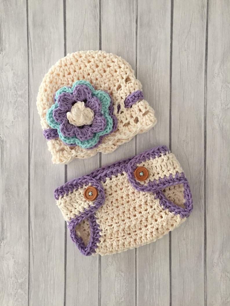 Newborn girl hat, diaper cover, crochet hat and diaper cover, newborn photo prop, baby girl hat, purple and turquoise hat, infant baby hat image 4