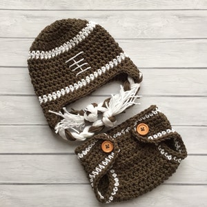 Football hat and diaper cover, newborn photo prop, sports nursery or baby shower, crochet baby hat