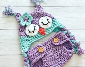 Crochet owl hat and diaper cover, newborn photo prop, blue and purple sleeping owl hat