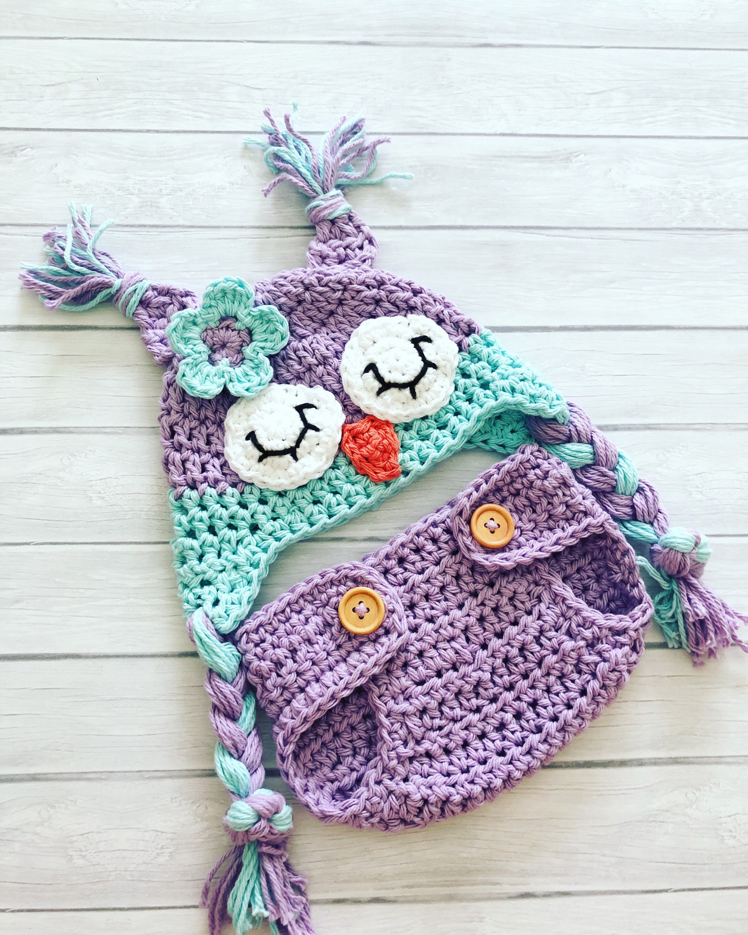 Crochet owl hat and diaper cover, newborn photo prop, blue and purple sleeping owl hat