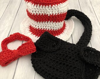 Black cat hat, red stripped top hat, crochet newborn hat, newborn photo prop, red bow tie