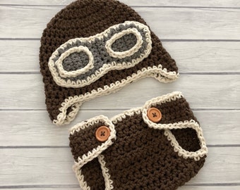 Aviator hat and diaper cover, baby pilots hat with goggles, newborn photo prop, aviation nursery