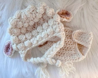 Crochet baby lamb hat, newborn photo prop, Easter gift, ready to ship
