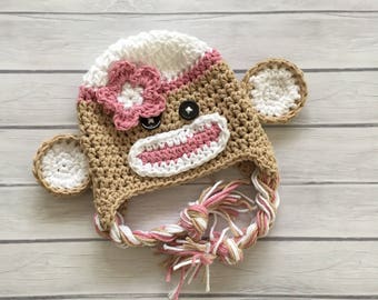 Pink sock monkey hat, newborn to toddler sizes, photo prop, crochet winter hat