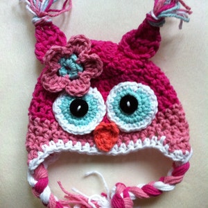 Owl hat crochet owl hat pink owl hat newborn photo prop toddler owl hat