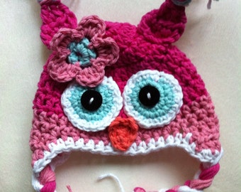 Owl hat crochet owl hat pink owl hat newborn photo prop toddler owl hat