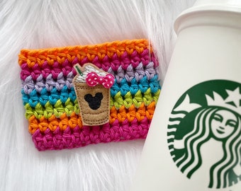 Rainbow crochet coffee cup cozy, reusable cup sleeve for hot or cold drinks