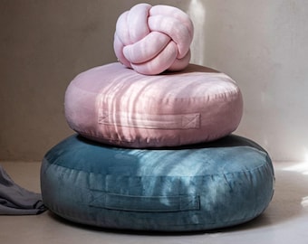 Pink Velvet Floor Pouf: Round Cotton Cushion for Kids Room
