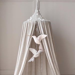 Linen Canopy with Shimmering Flowers: Natural Beige Nursery Decor