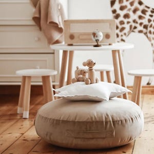 Beige Velvet Floor Pouf: Round Cotton Cushion, Washable Cover