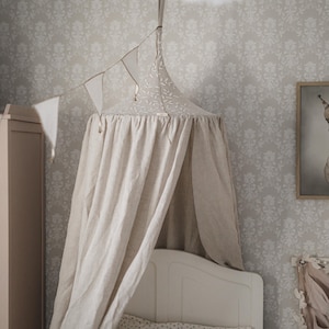 Linen Canopy with Shimmering Leaves: Natural Beige Nursery Decor