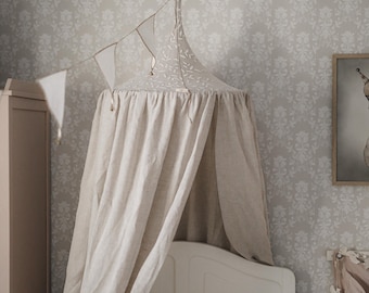 Linen Canopy with Shimmering Leaves: Natural Beige Nursery Decor