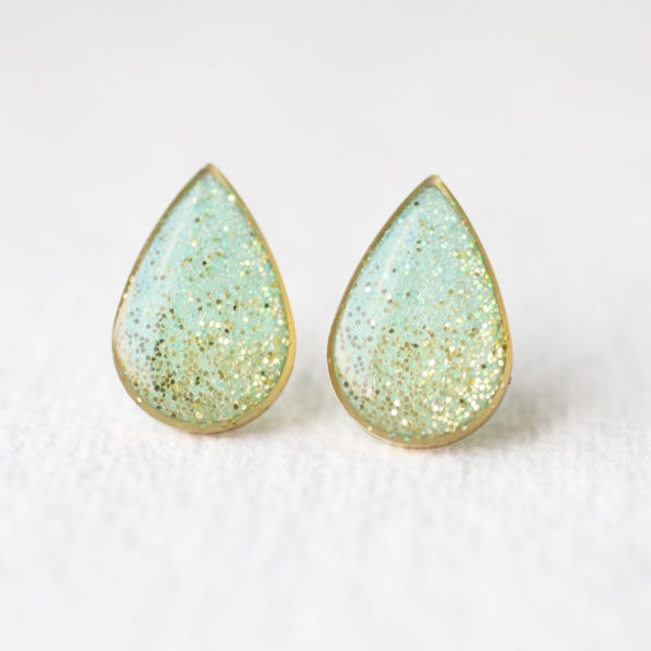 Mint Teardrop Shape Shimmering Brass Stud Earrings - Glitter jewelry BUY 2 GET 1 FREE