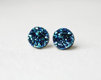 BUY 2 GET 1 FREE Deep Blue Faux Druzy Studs - Gold Shimmer - Faux Raw Crystal Post Earrings - Sparkling Jewelry