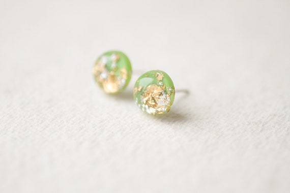 Green Gold and Silver Foil Shimmering Stud Earrings | Etsy