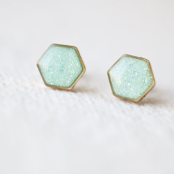 Hexagon Geometric Shimmering Mint Brass Stud Earrings BUY 2 GET 1 FREE
